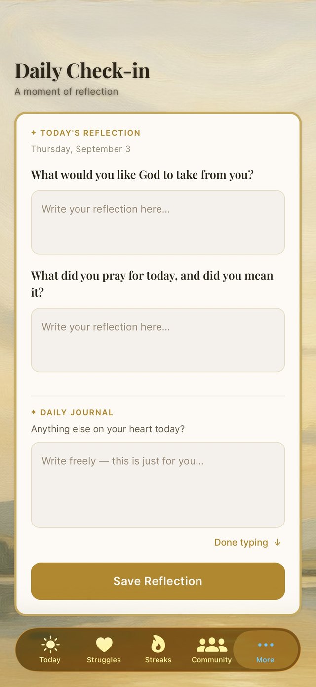 The daily check-in: reflection prompts asking what you'd like God to take from you and what you prayed for, plus a free journal space.