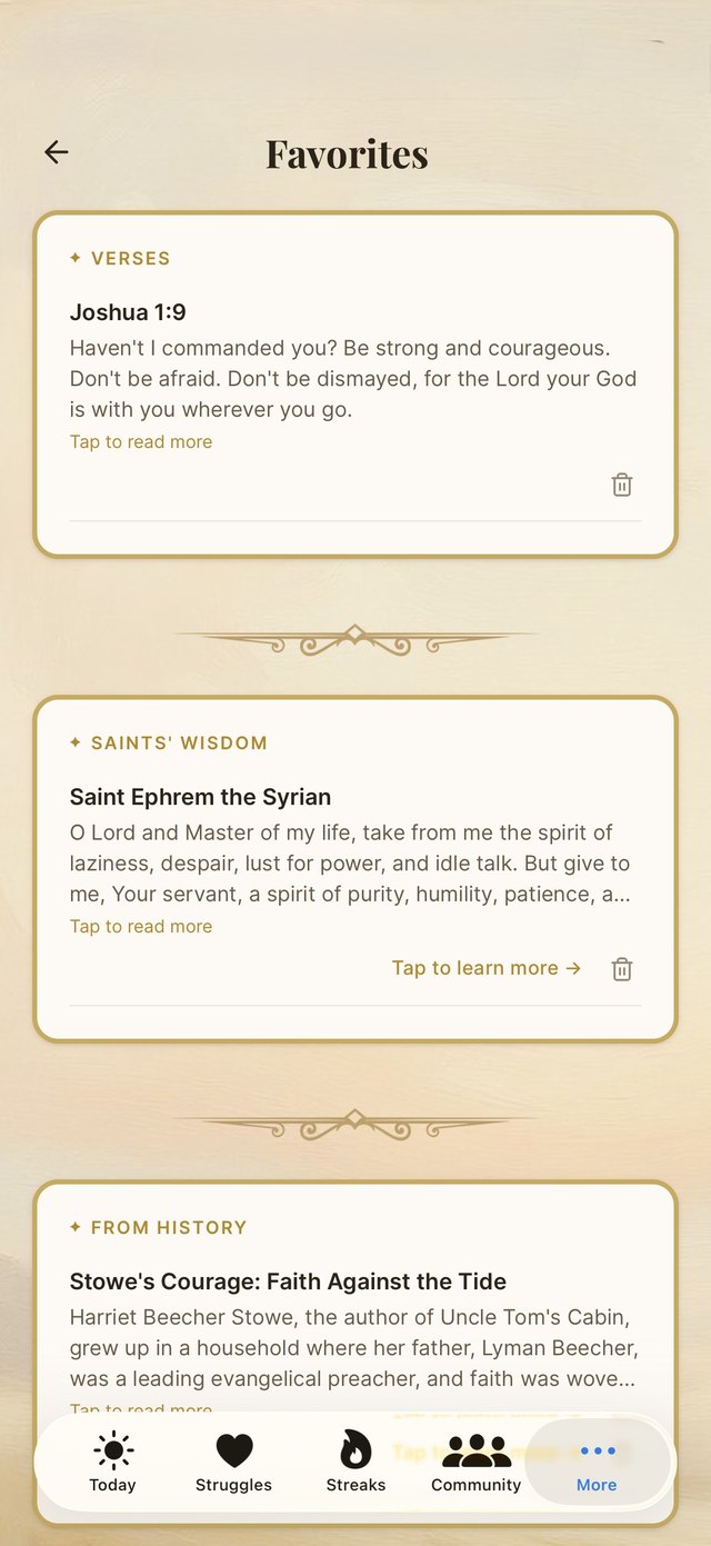Favorites: saved verses, saints' wisdom, and stories from Church history kept in one place.