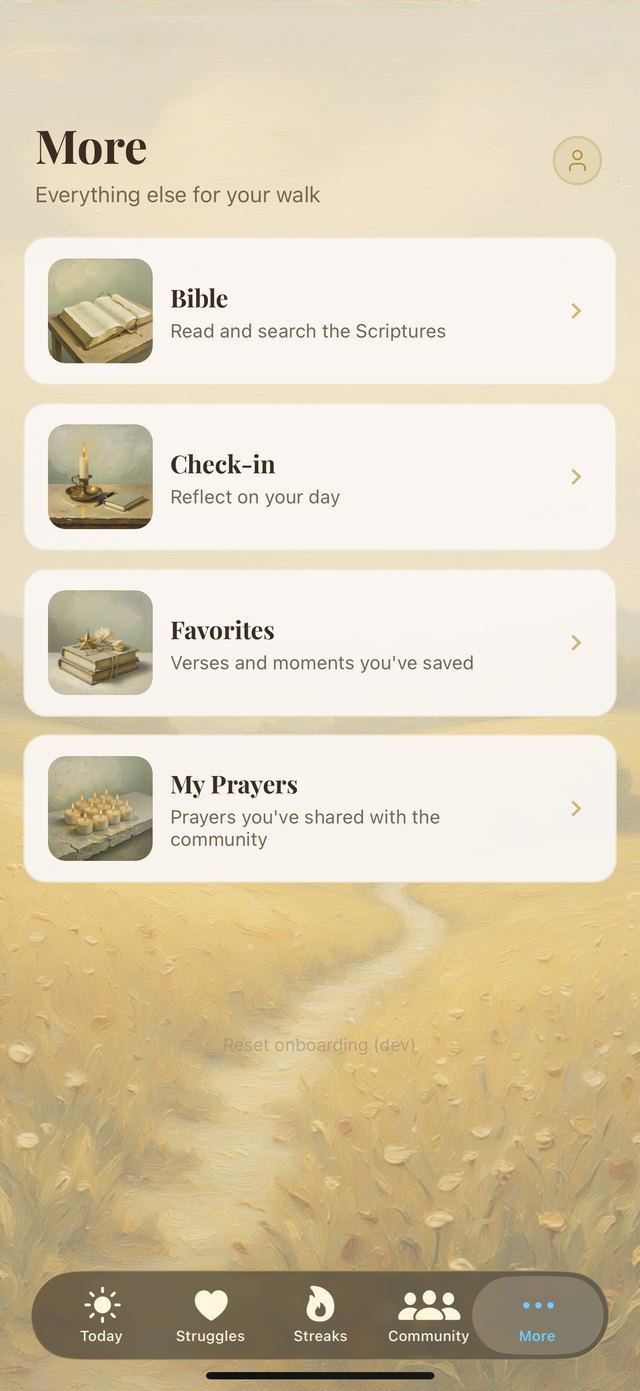 The More tab listing Bible, Check-in, Favorites, and My Prayers.