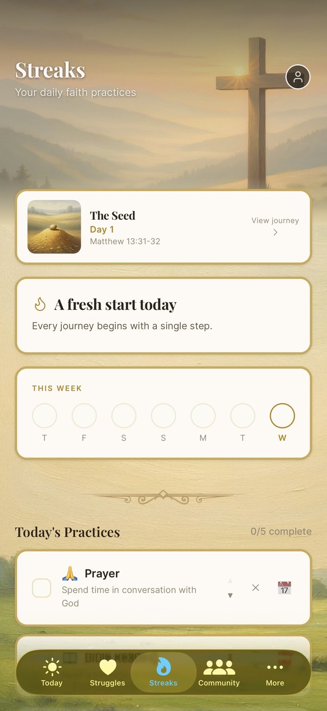 Streak tracking: a growth journey card, a weekly view of completed days, and today's practices including prayer and Bible reading.