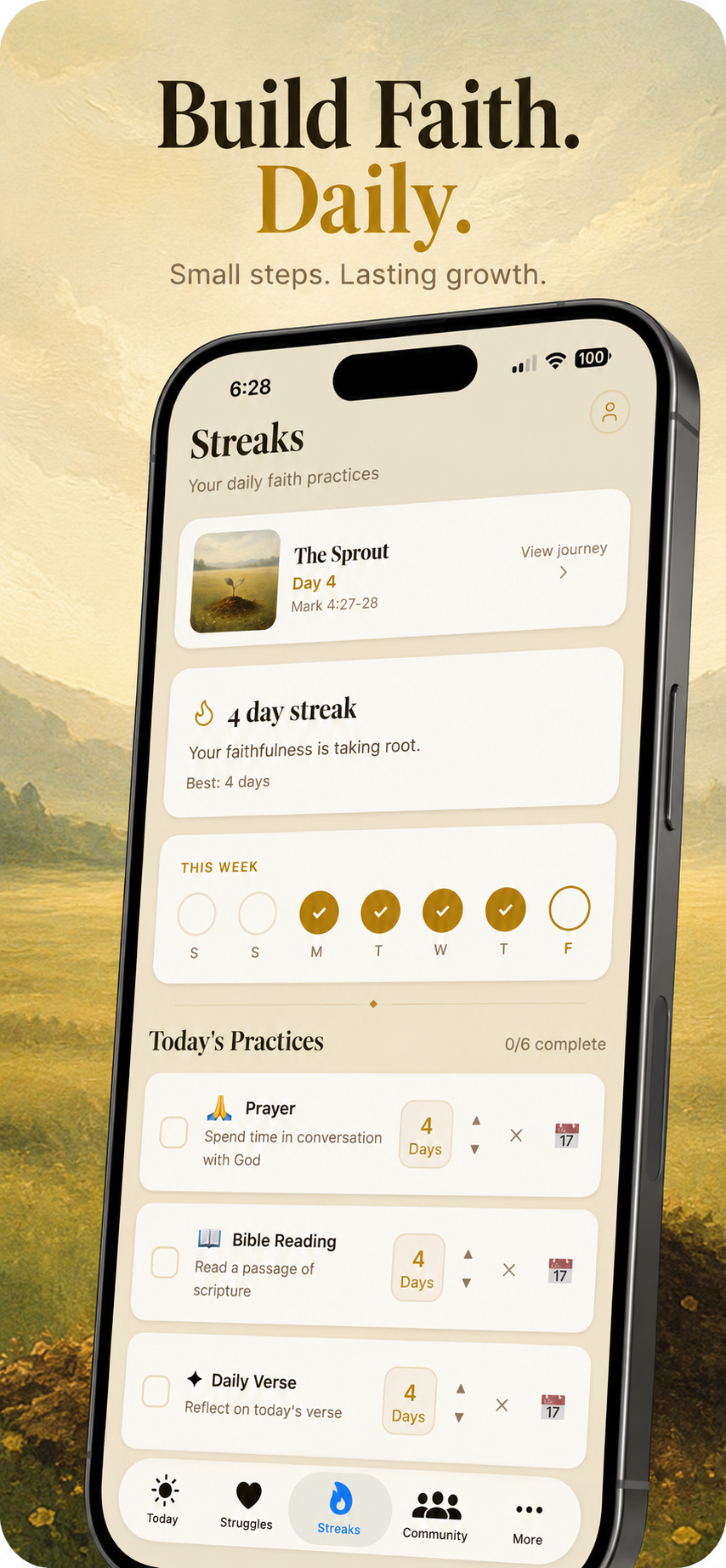 Alpho Streaks screen showing daily practices and growth journey