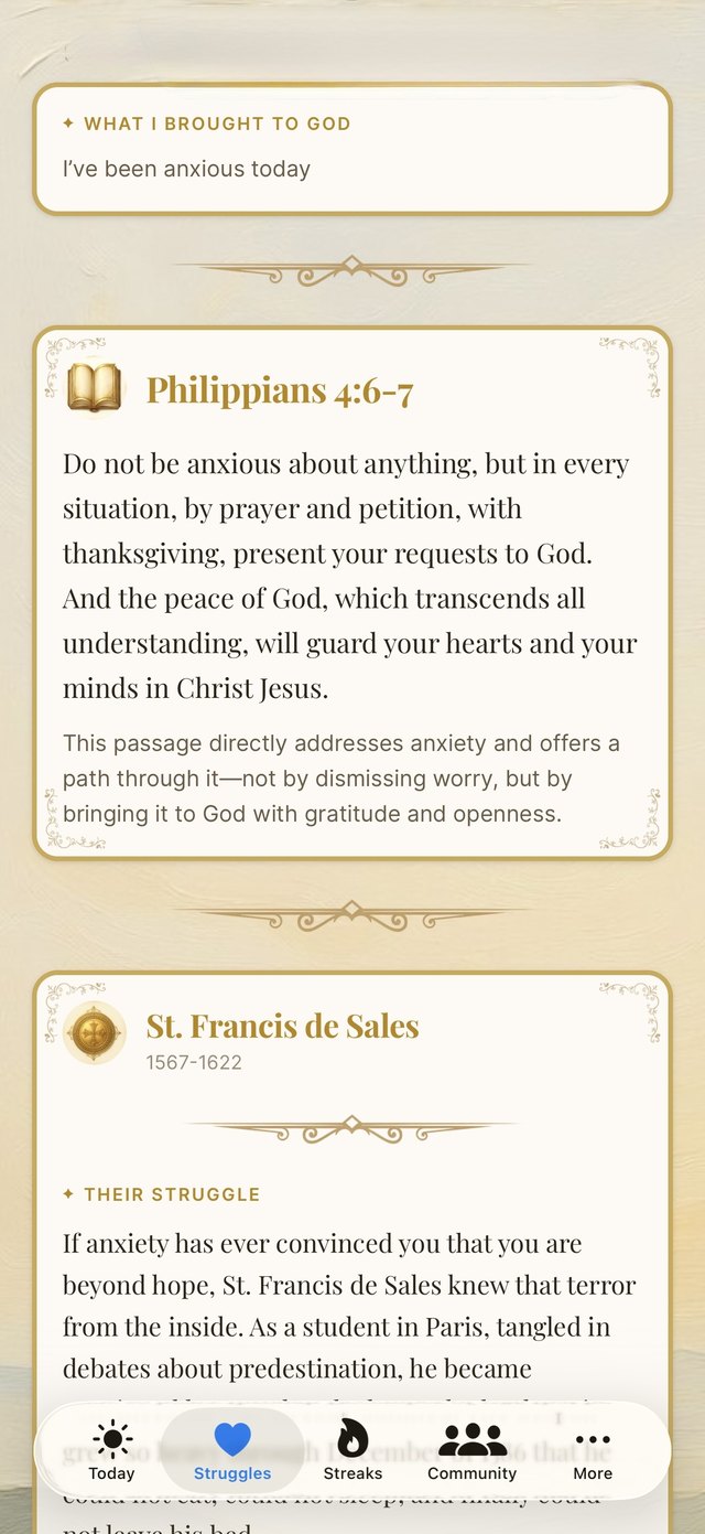 Bringing a struggle to God: the words you wrote, a matching passage from Philippians 4:6-7, and the story of St. Francis de Sales.