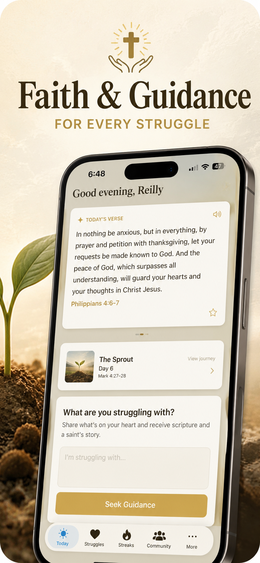 Alpho Today screen showing the daily verse and struggle guidance